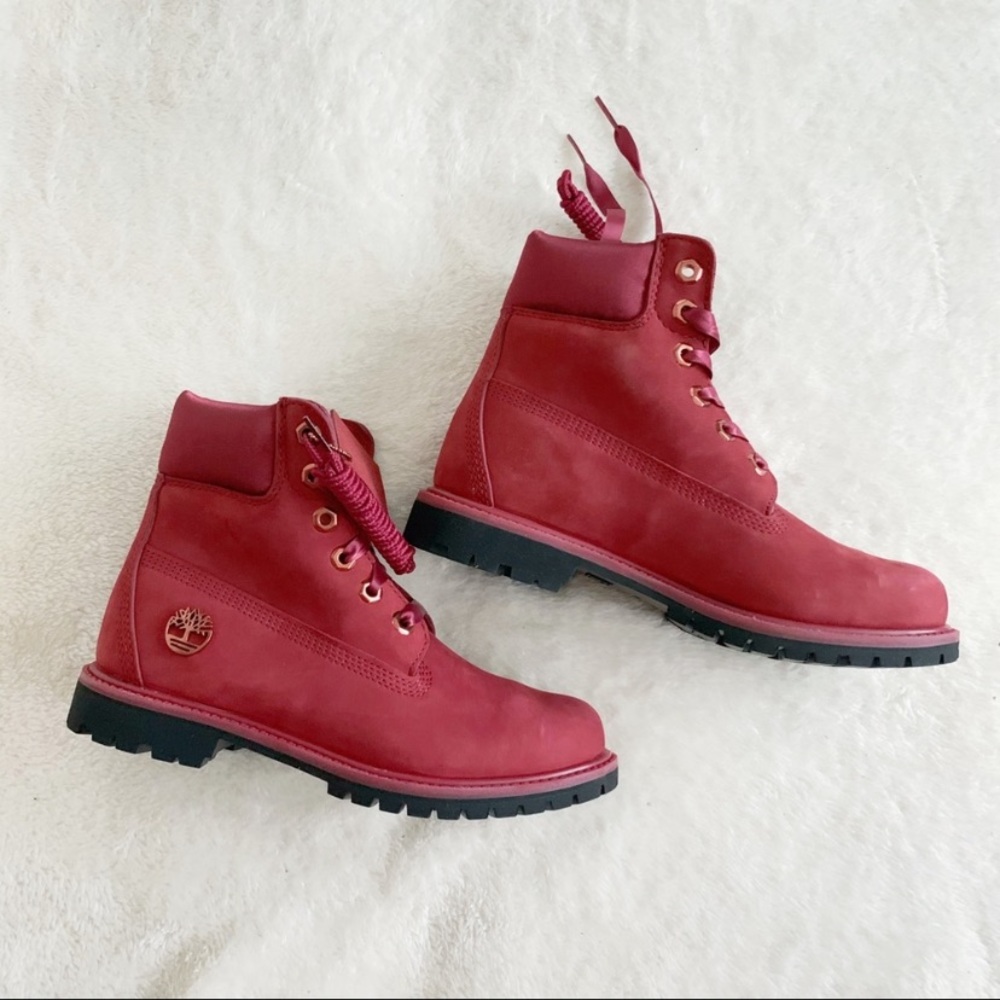 NIB Timberland Limit Satin Collar Waterproof Ribbon Tie Boots Red 38